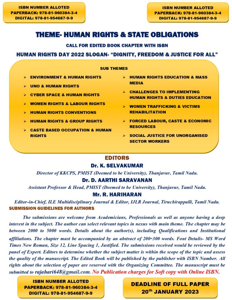 Call for Book Chapter for an Edited Book on HUMAN RIGHTS & STATE OBLIGATIONS