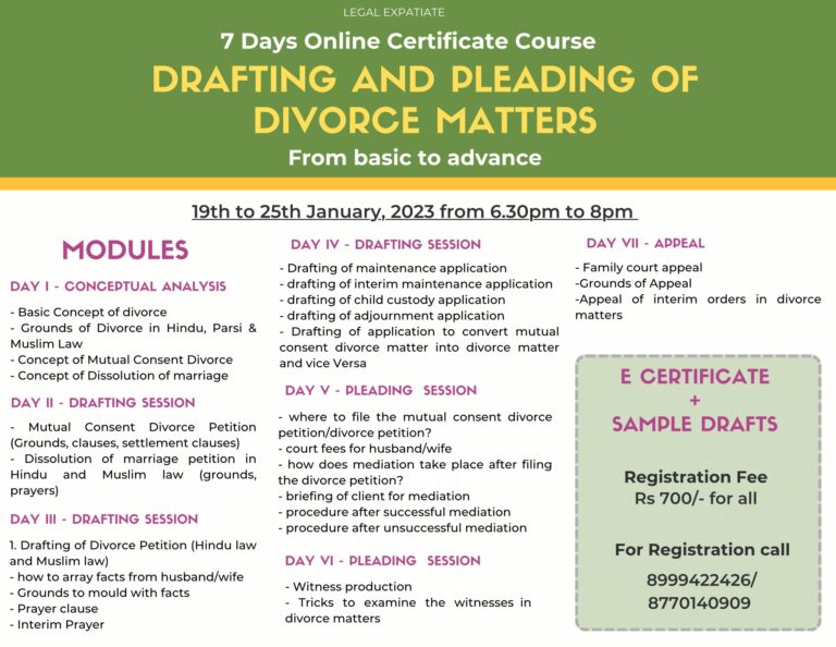 7 DAY ONLINE CERTIFICATE COURSE ON DRAFTING AND PLEADING OF DIVORCE MATTERS
