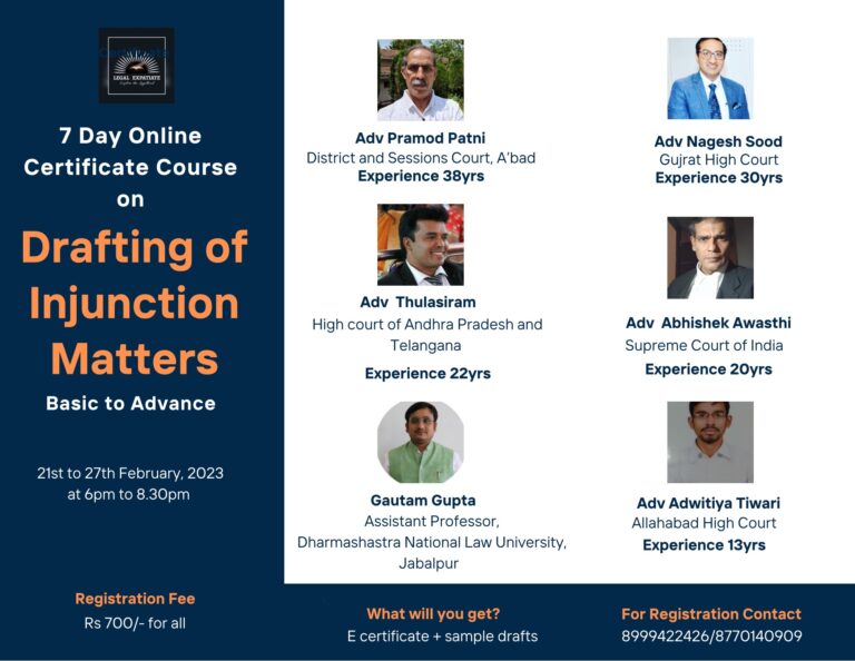 7 DAY ONLINE CERTIFICATE COURSE ON DRAFTING OF INJUNCTION MATTERS